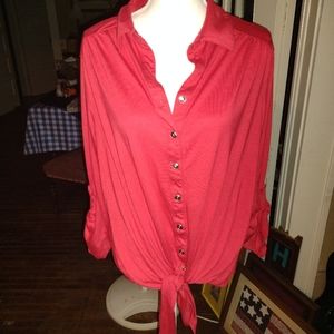Red Tie Front Long Sleeve Top Shirt Tee 18 20 1X